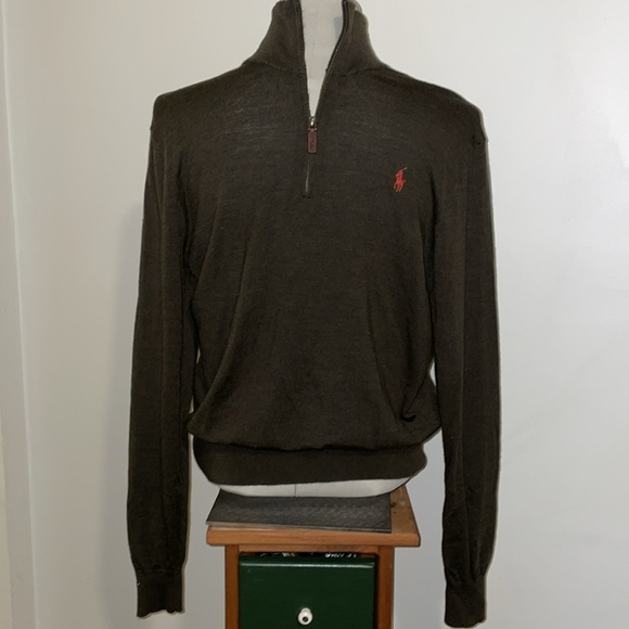 Polo Ralph Lauren 100% Merino Wool 3/4 Zip Pull Over Sweater. Green Khaki. Large - Picture 1 of 11